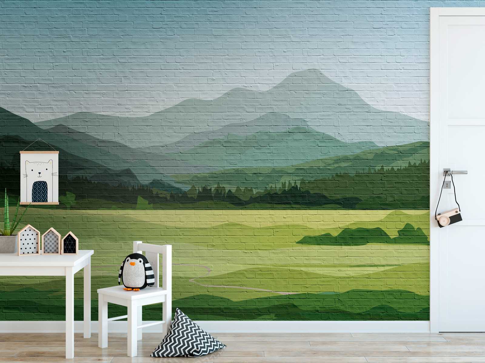             Wallpaper novelty | masonry motif wallpaper with mountain landscape
        