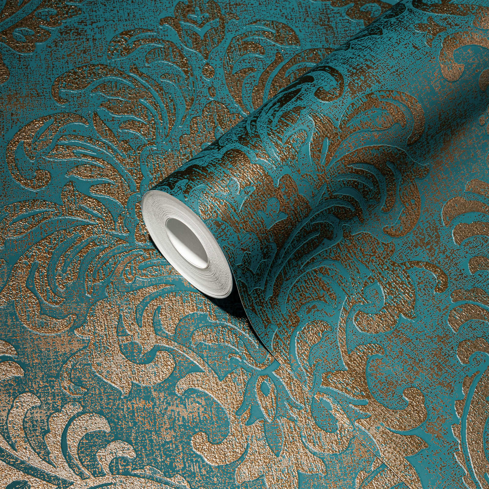             Non-woven wallpaper in used look with ornaments & metallic look - petrol, gold
        