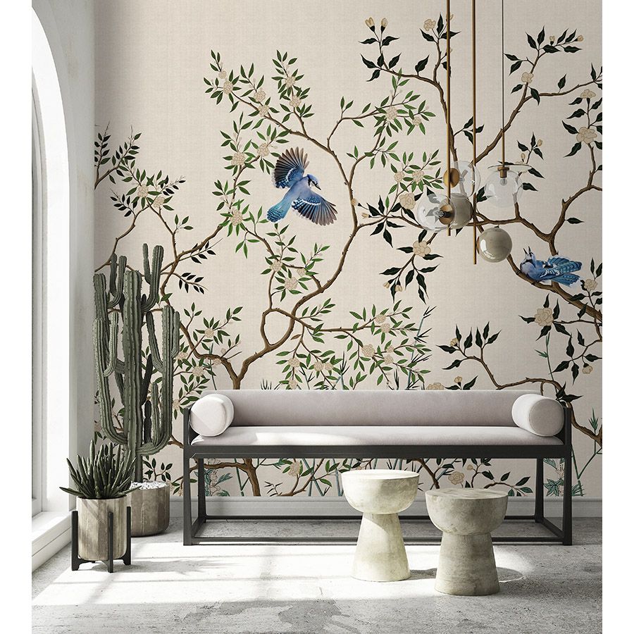 Photo wallpaper »merula« - branches & birds - light with linen texture | Smooth, slightly pearlescent non-woven fabric
