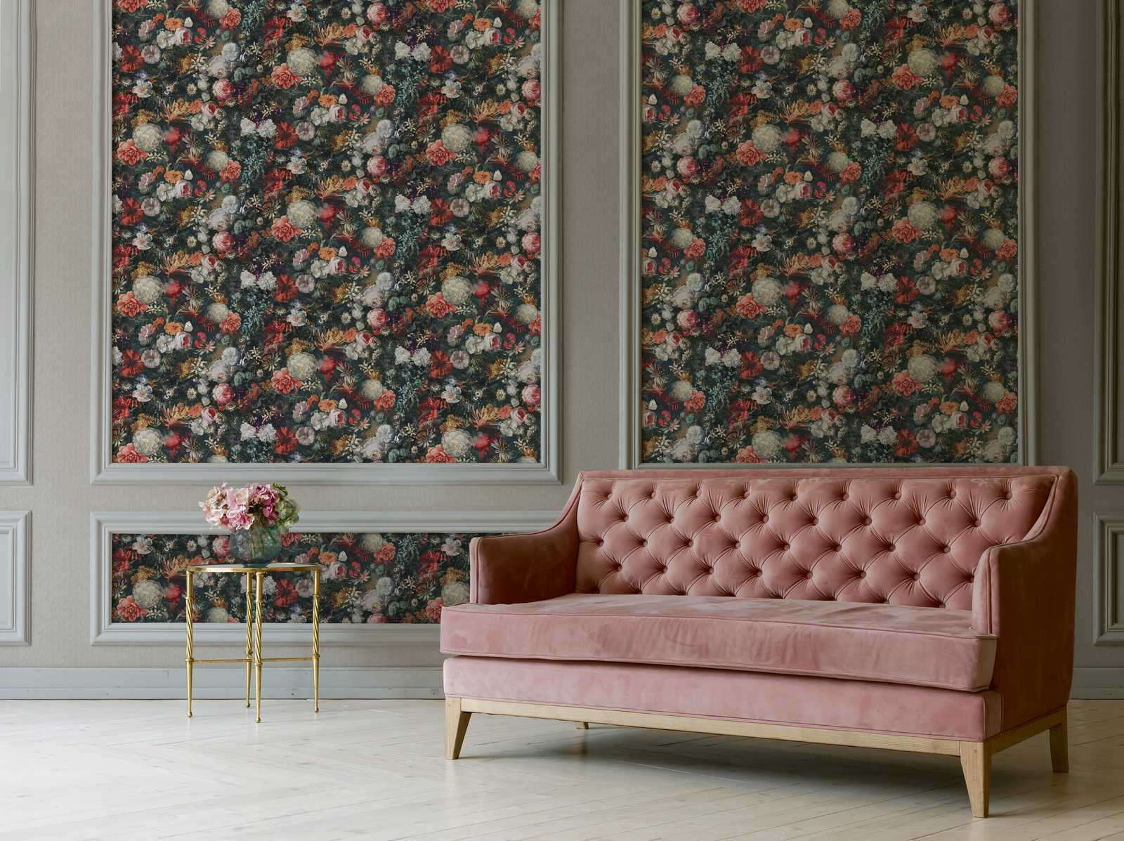             Flowers wallpaper vintage design with roses - colourful, grey, orange
        
