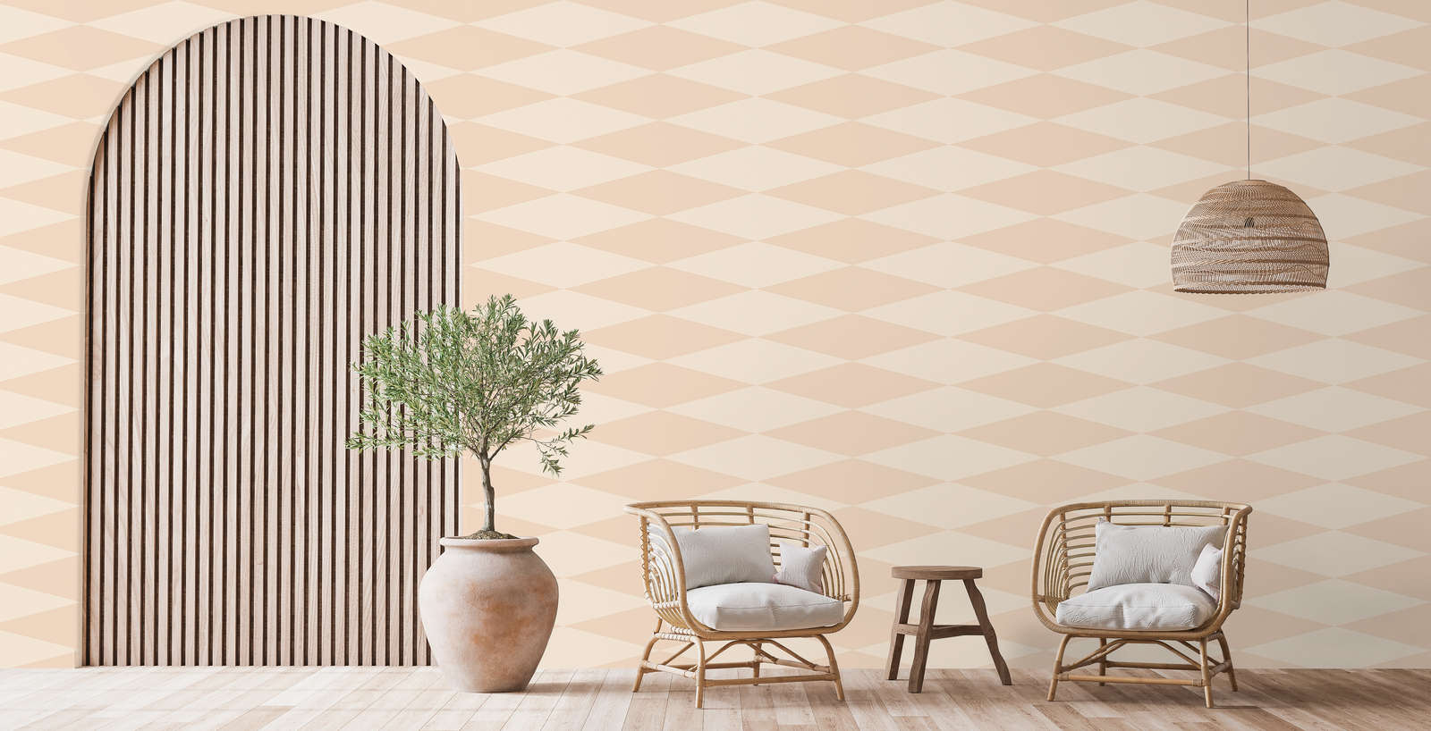             Photo wallpaper with retro diamond design - beige, cream | structure non-woven
        