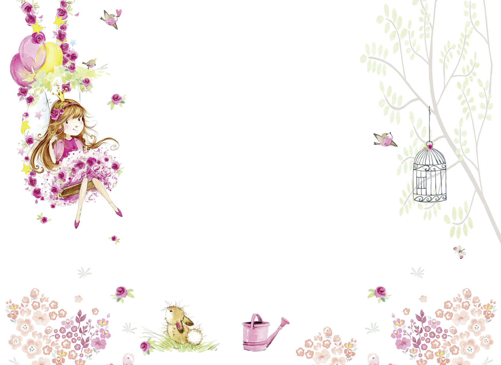             Papier peint panoramique chambre d'enfant avec princesse sur la balançoire et animaux - rose, blanc, vert
        