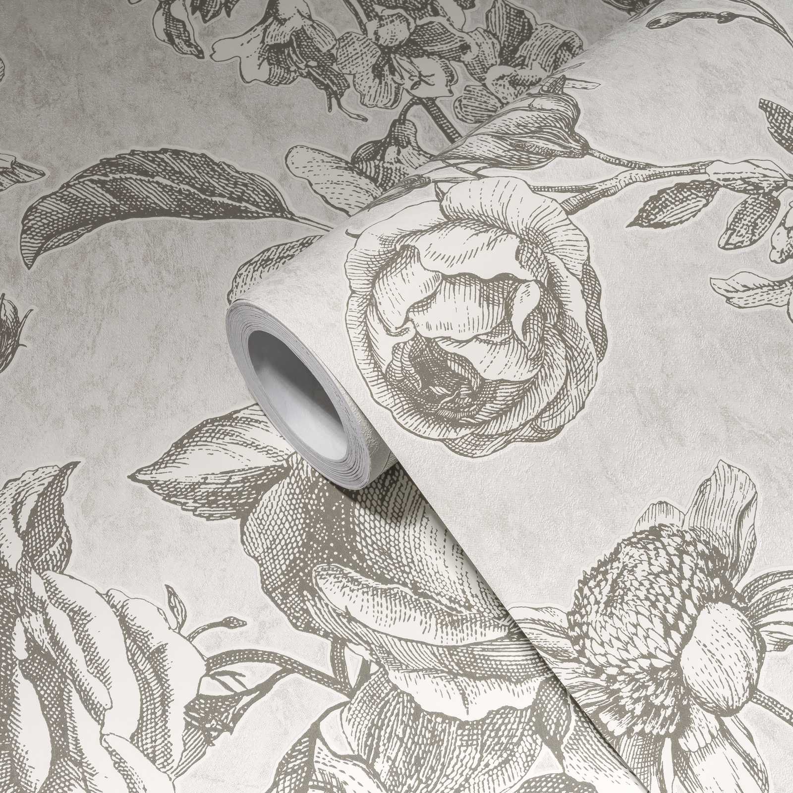             papel pintado con motivos de rosas en estilo de signos vintage - gris, crema
        