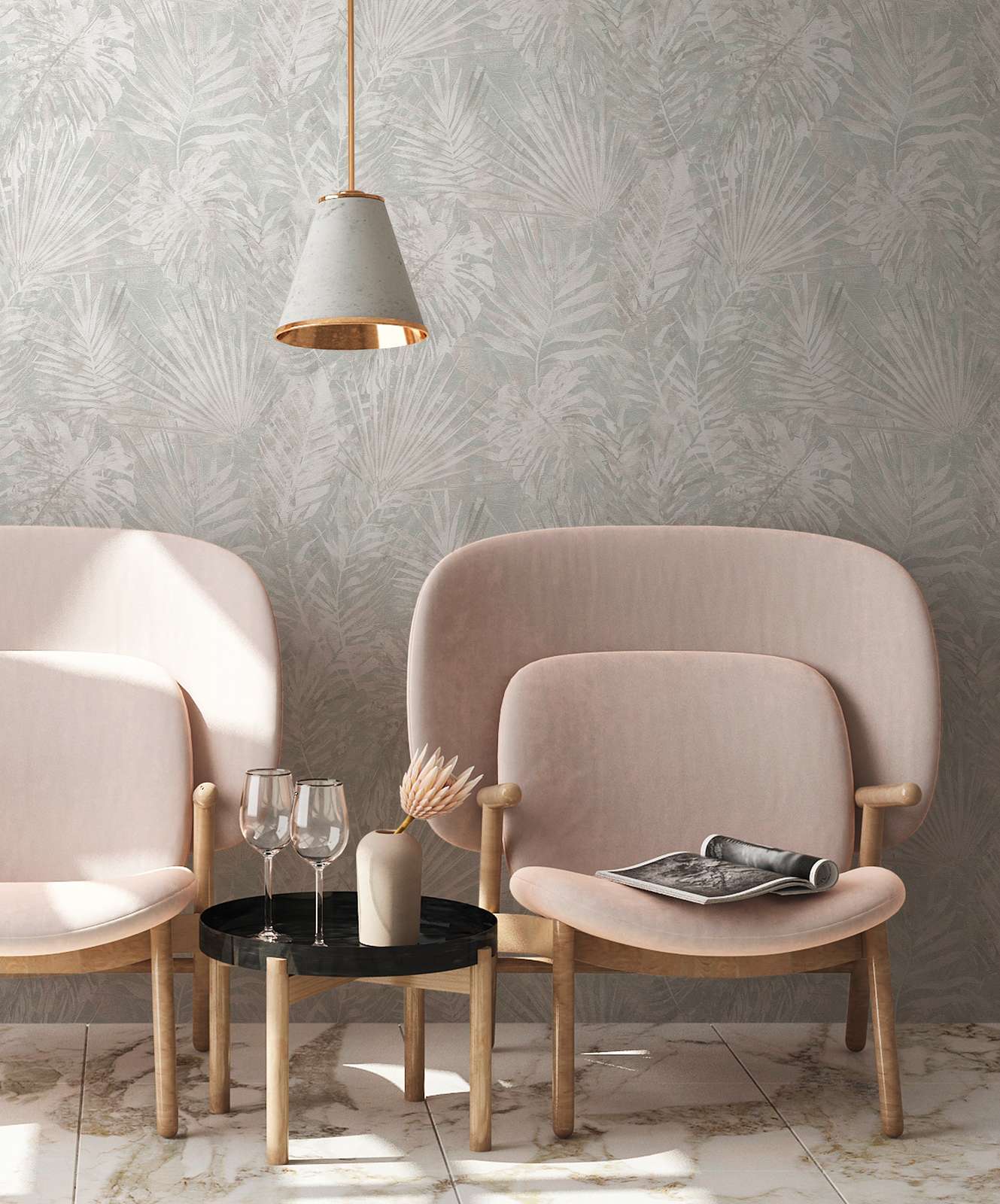             Non-woven wallpaper with leaf motif PVC-free - grey, beige, white
        