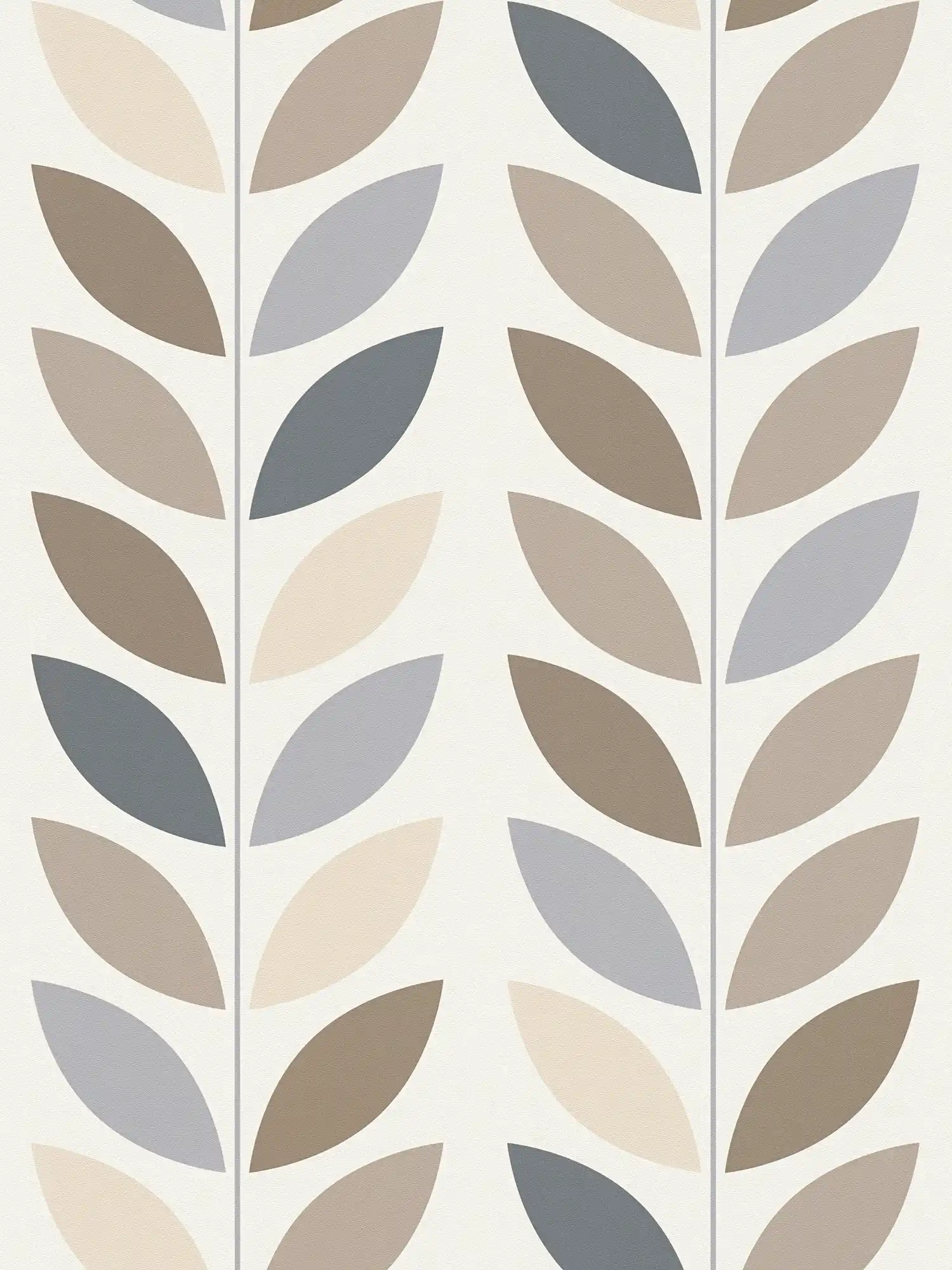 Papier peint intissé avec motif de feuilles style rétro - crème, bleu, marron
