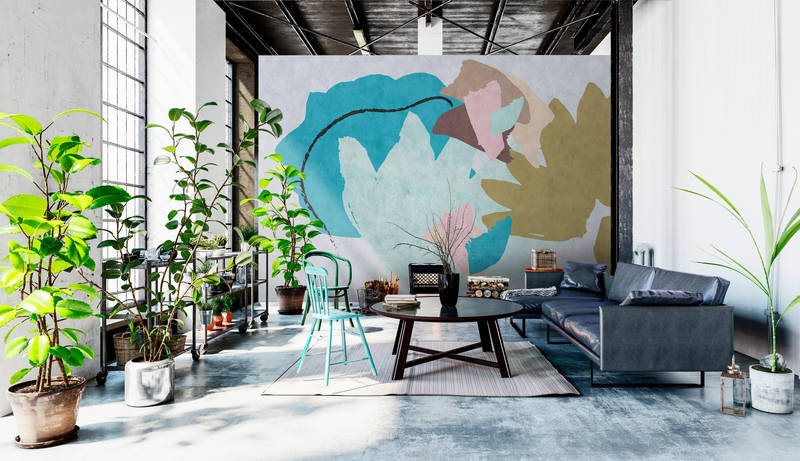             Floral Collage 1 - Abstract digitaal print behang, kleurrijk kunst vloeipapier structuur - Beige, Blauw | Premium glad non-woven
        