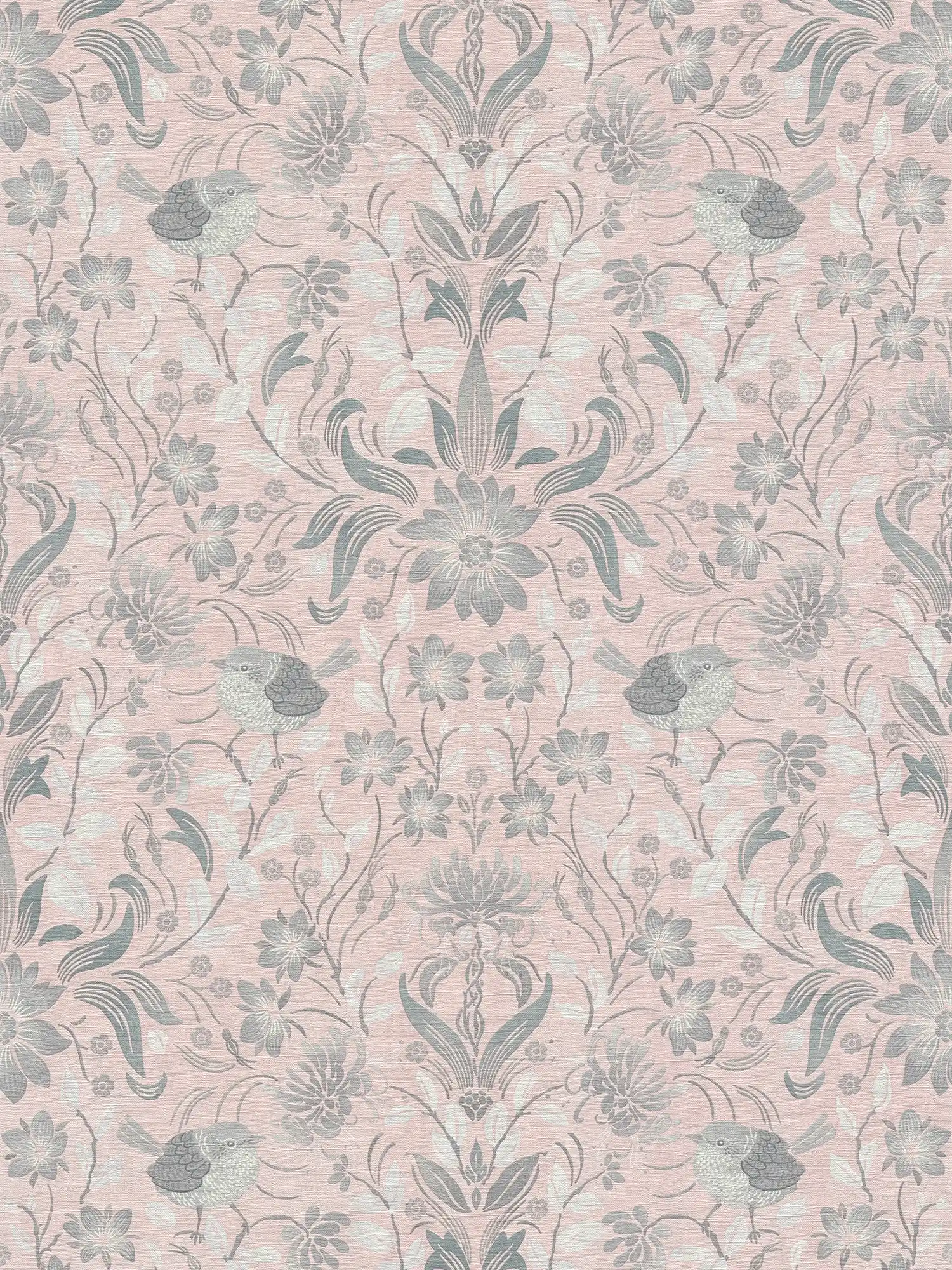 Birds and flowers wallpaper - pink, grey, white
