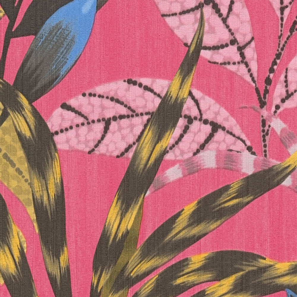             Kleurrijk vliesbehang met bladmotief & reliëfstructuur - veelkleurig, geel, roze
        