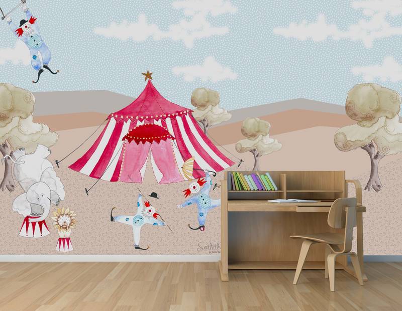             Papel pintado infantil Dibujo de carpa de circo con artistas en vellón texturizado
        