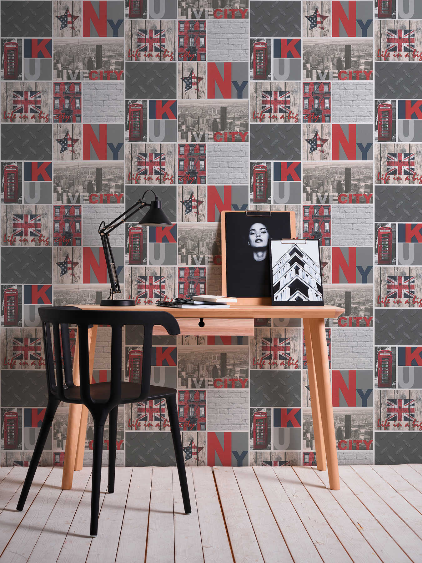             Wallpaper city motif, urban & industrial for youth room - Colorful, Grey
        
