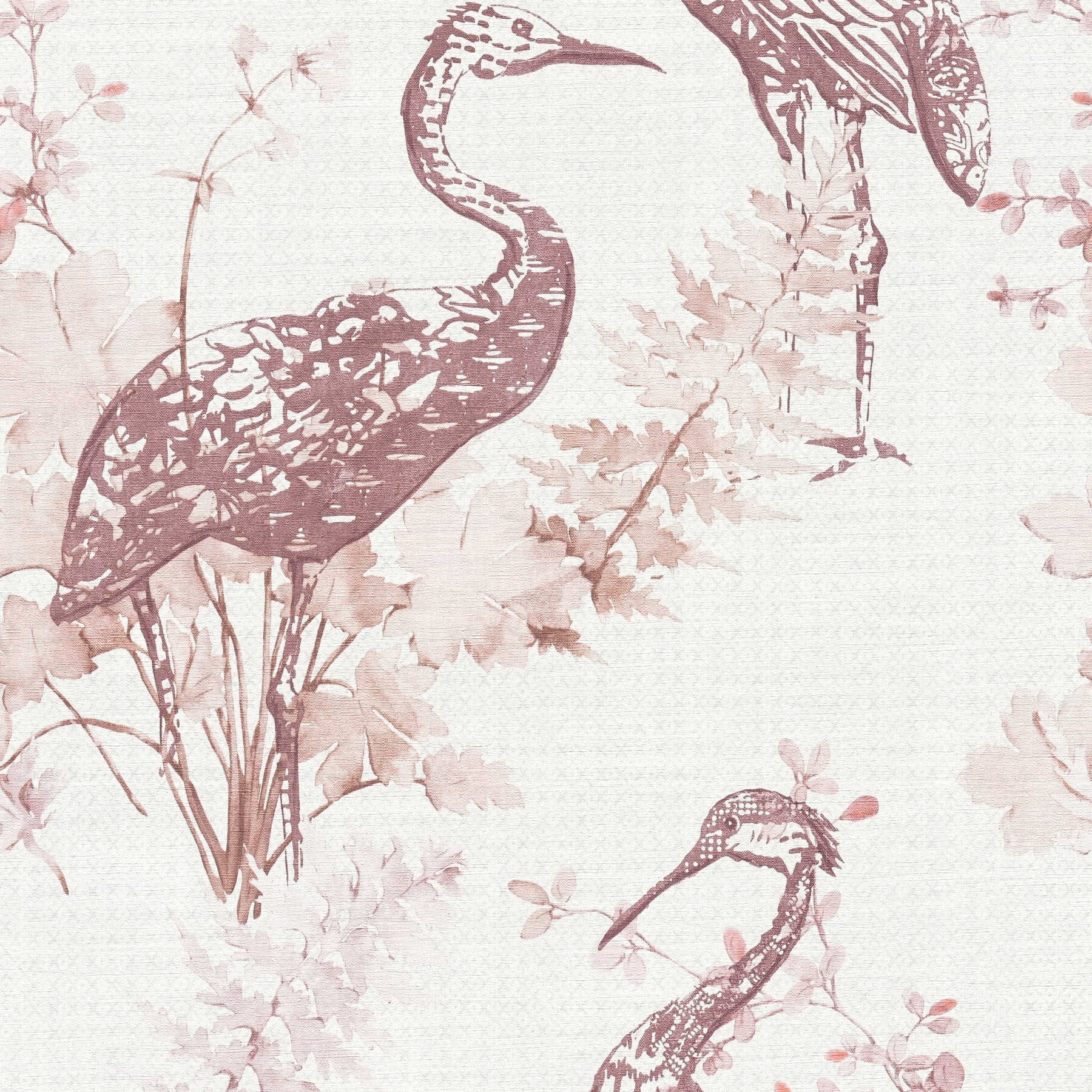         Papel pintado Naturaleza pájaros y hojas en estilo acuarela - beige, rosa
    
