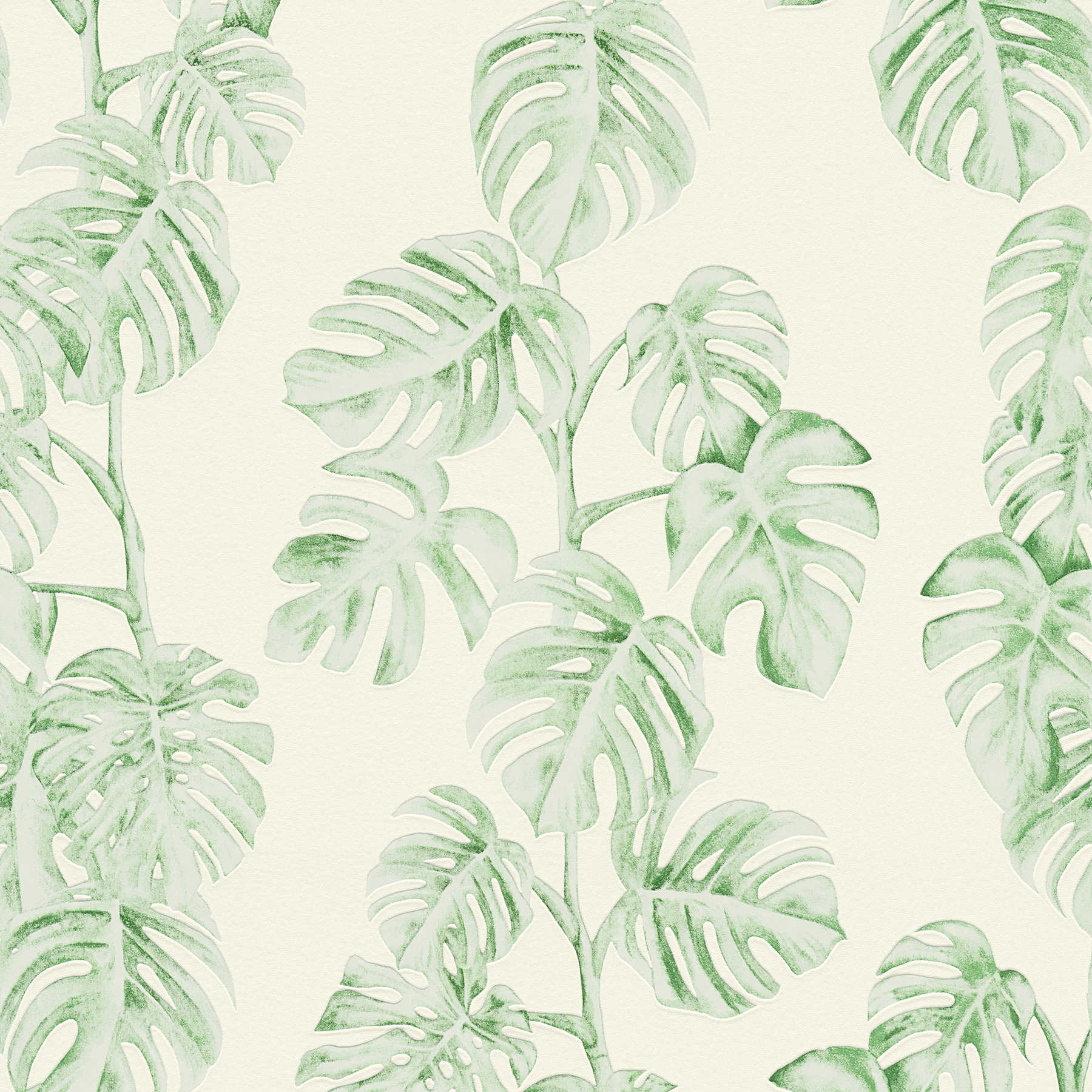 Non-woven wallpaper monstera vines, natural pattern - green, white
