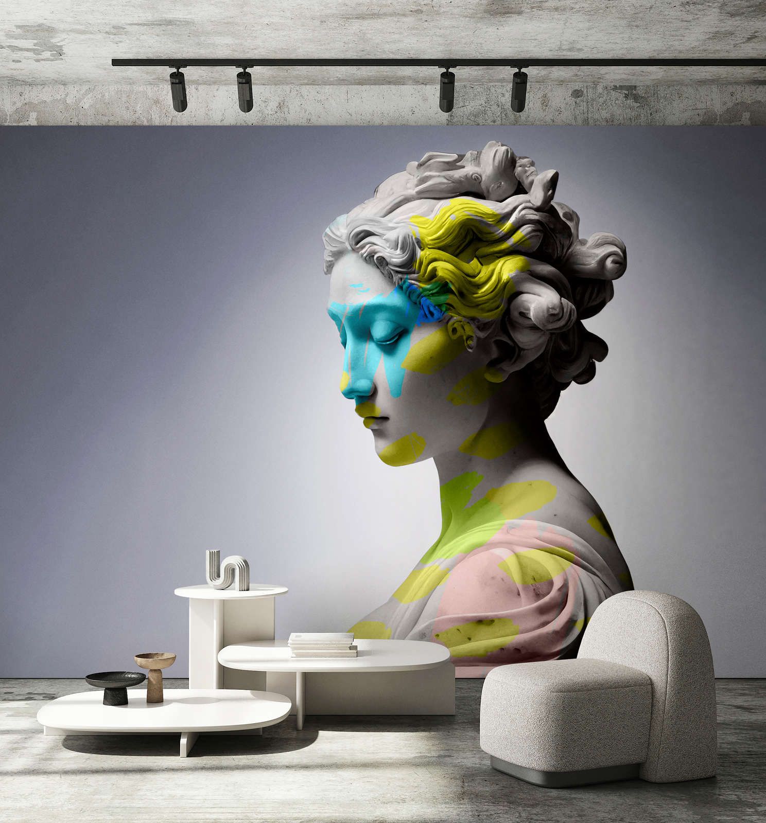            Photo wallpaper »clio« - female sculpture with colourful accents - Smooth, slightly pearlescent non-woven fabric
        