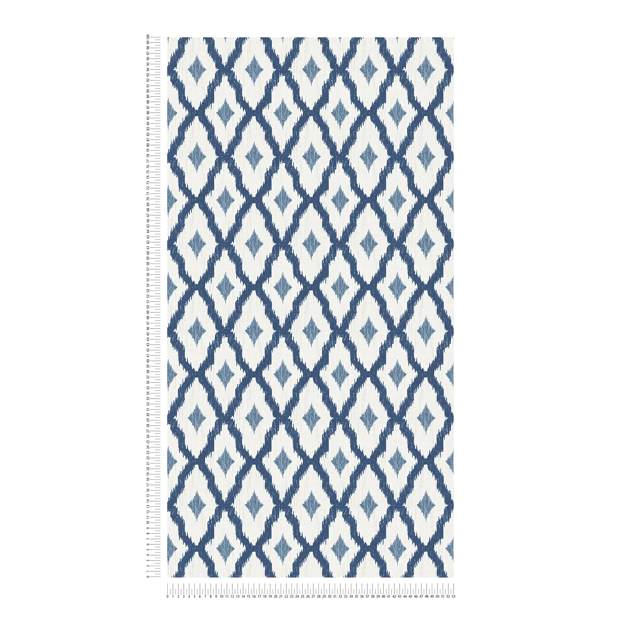             Vliesbehang ikat patroon met ruitjesmotief - blauw, wit
        