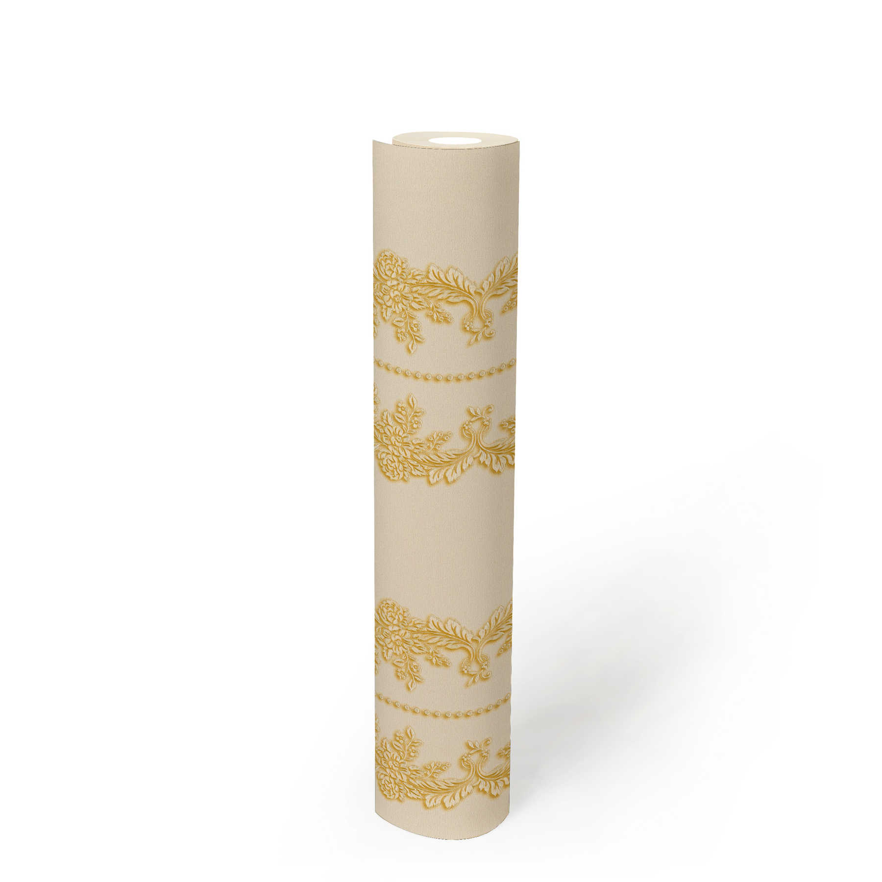             Ornamental wallpaper floral pattern & vines - cream, gold
        