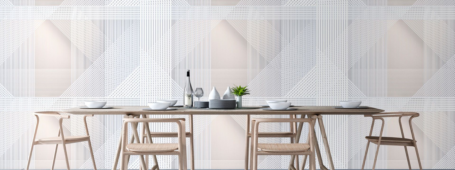 Dining room table set in front of geometric photo wallpaper with line design DD114382
