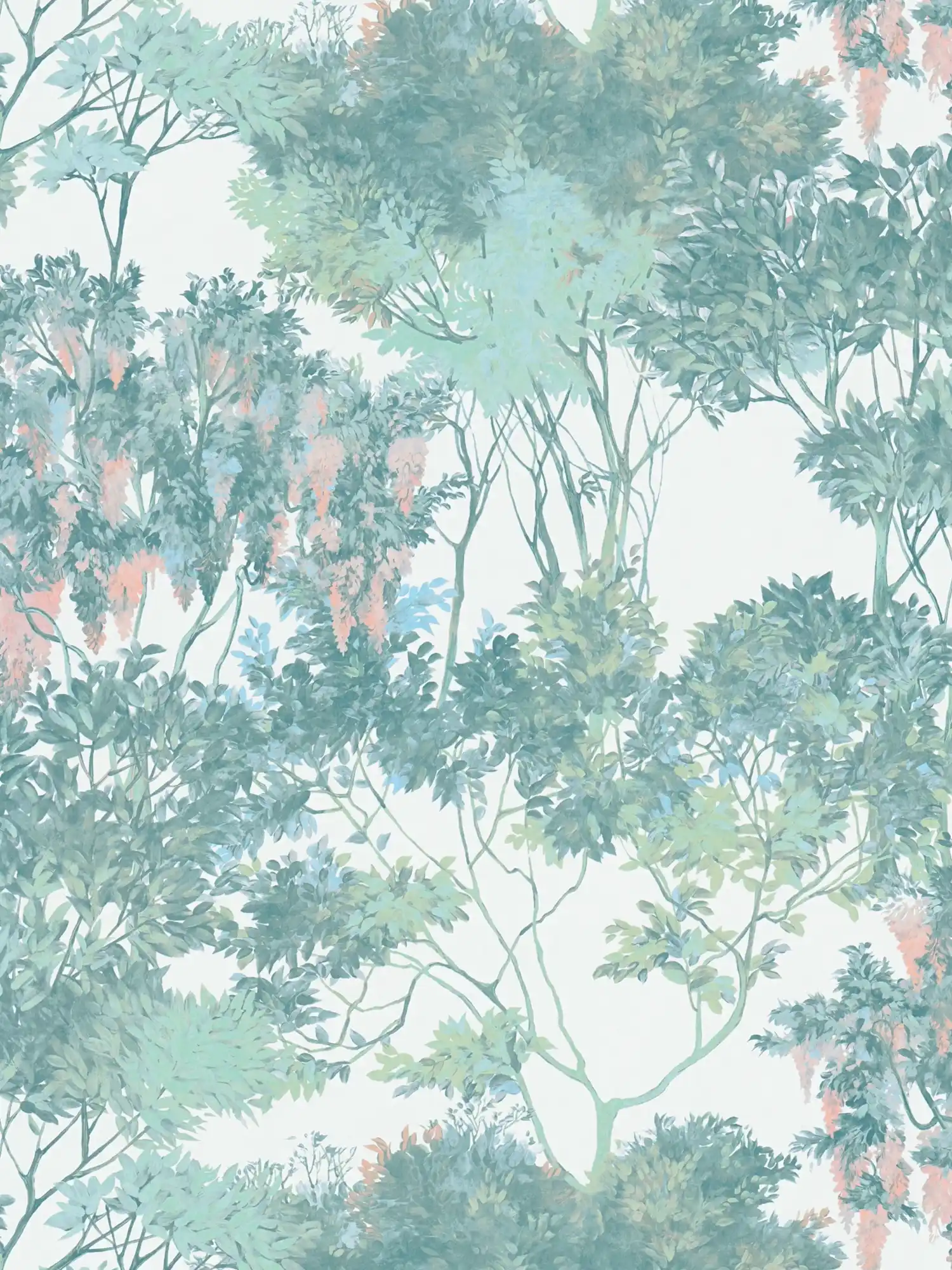 Vliesbehang in junglestijl met bomen - kleurrijk, groen, wit

