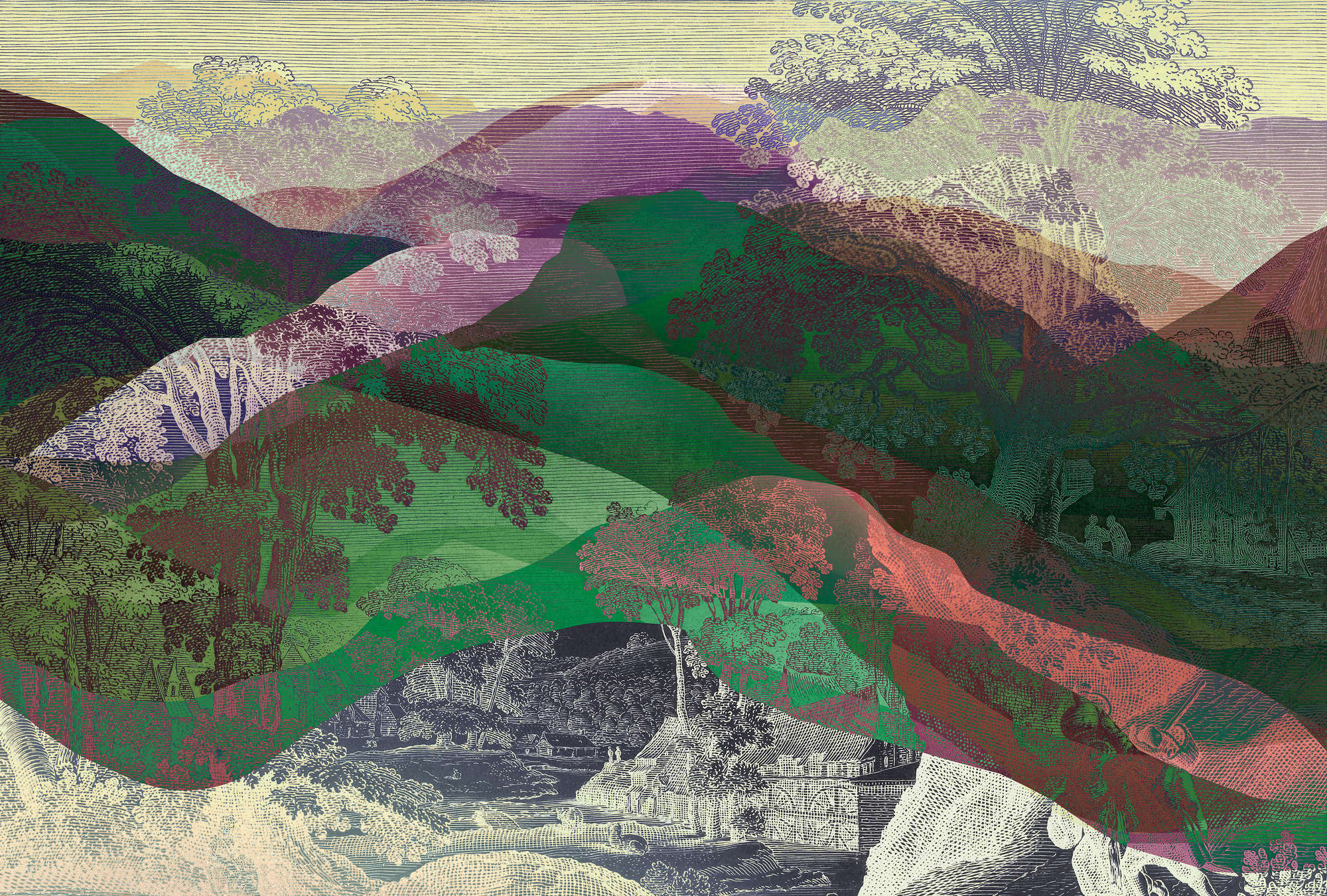             Hidden Valley 1 - Muurschildering Vintage meets Modern Berglandschap
        