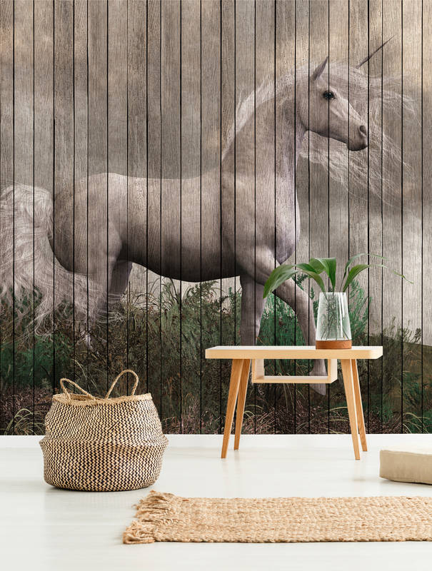             Fantasy 3 - Unicorn Wallpaper with Wooden Board Optics - Beige, Brown | Premium Smooth Non-woven
        