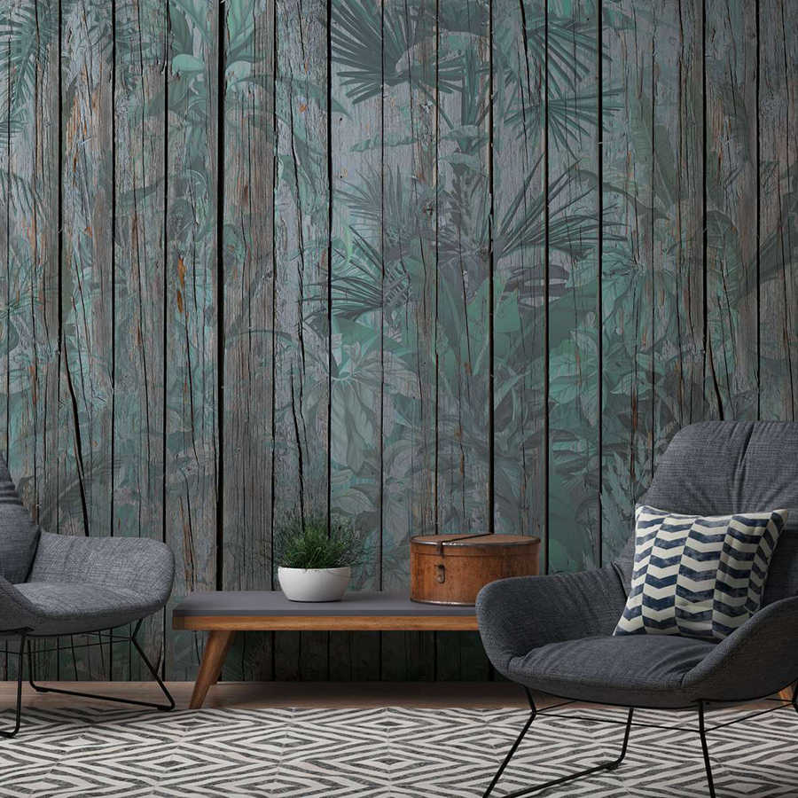 Papier peint mur en bois avec plantes de la jungle - marron, vert
