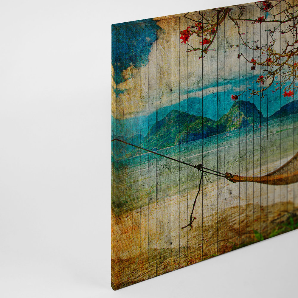             Tahiti 2 - Canvas painting in wood panel optic with hammock & South Seas beach - 0,90 m x 0,60 m
        