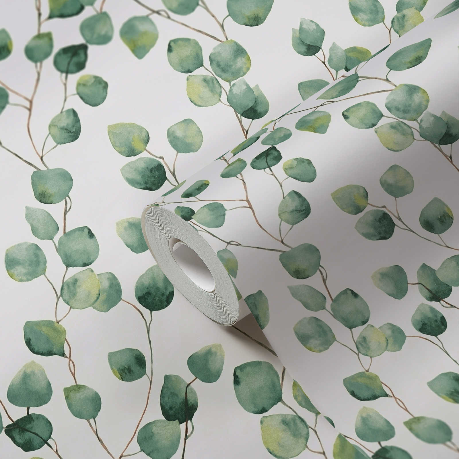             Carta da parati autoadesiva | Tralci di foglie in stile acquerello - bianco, verde
        