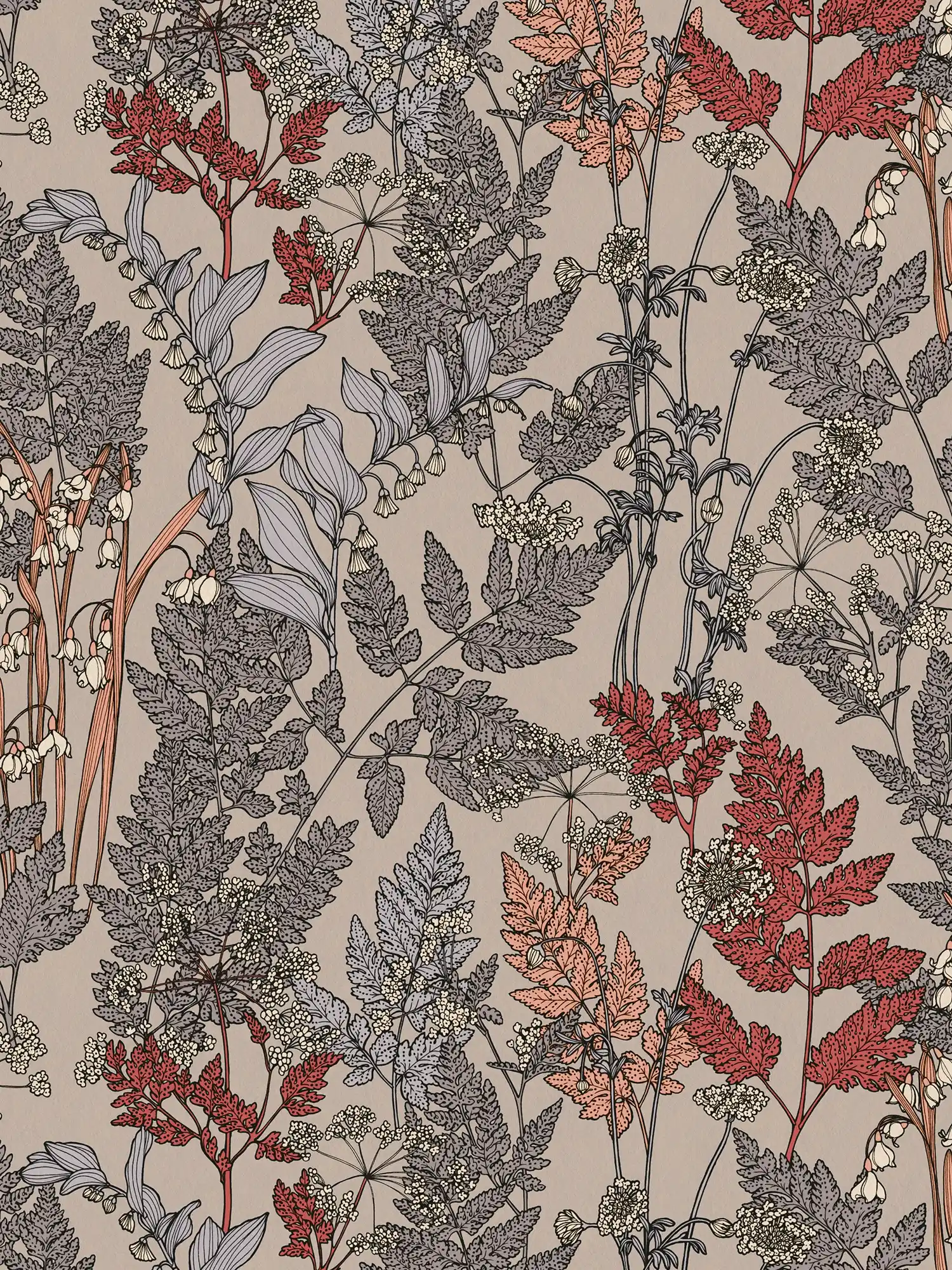 Beige gebloemd behang met bladeren & bloemen tekening - Beige, Grijs, Rood

