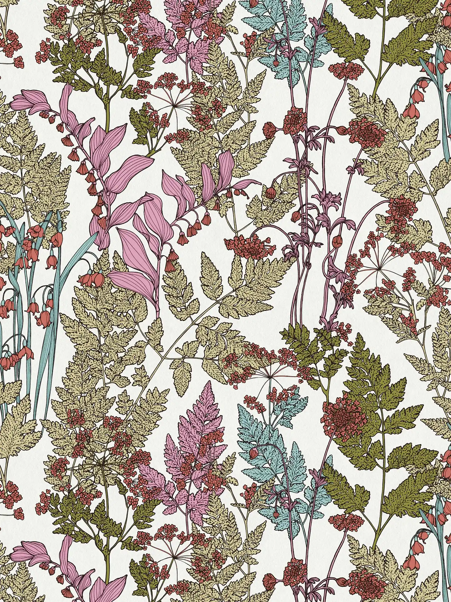 wallpaper leaves & flowers design in modern botanical style - colourful, green, blue
