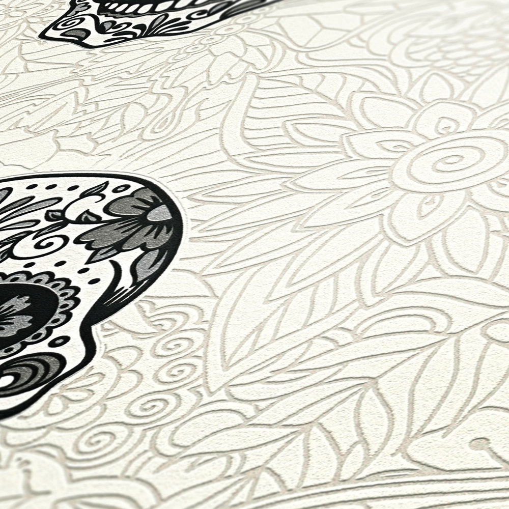             Skull wallpaper with flowers, Dia De Muertos decor - Black, White
        
