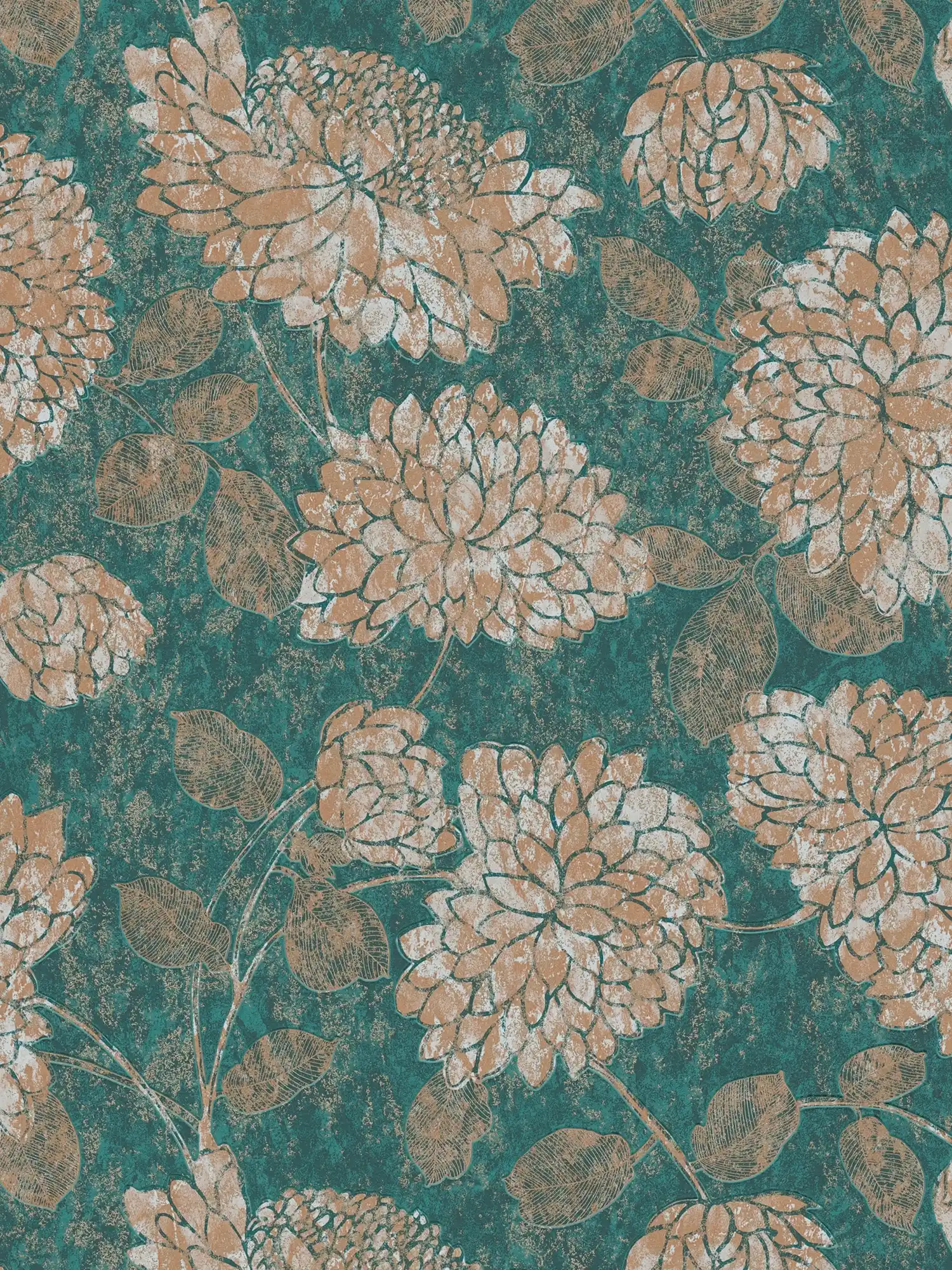 Floral wallpaper with floral pattern slightly shiny - green, gold
