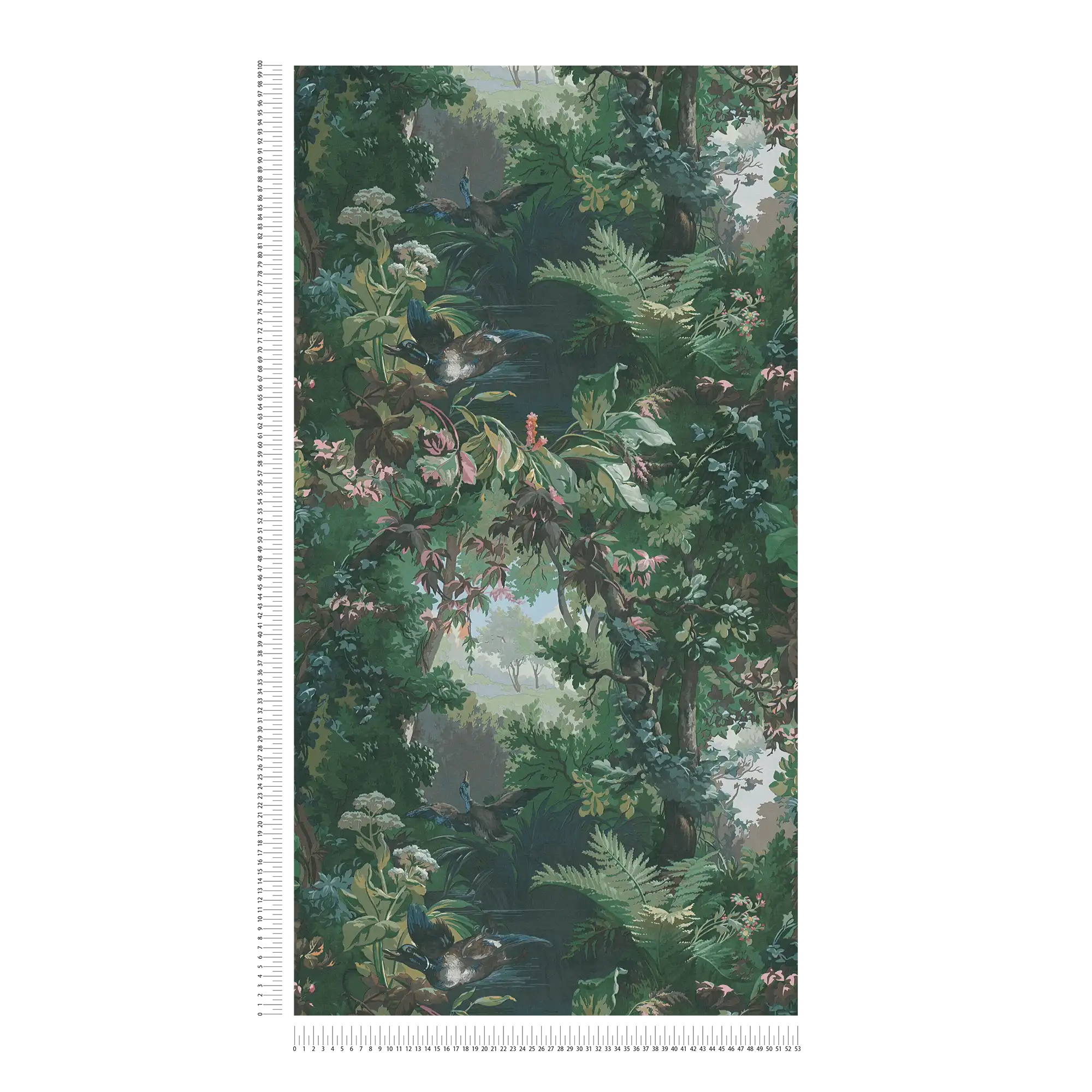             Behang met jachtmotief, bos & eenden - groen, blauw, roze
        