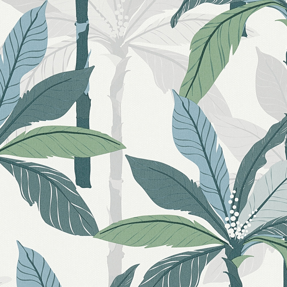             Tropics wallpaper with palm tree design - blue, green, white
        