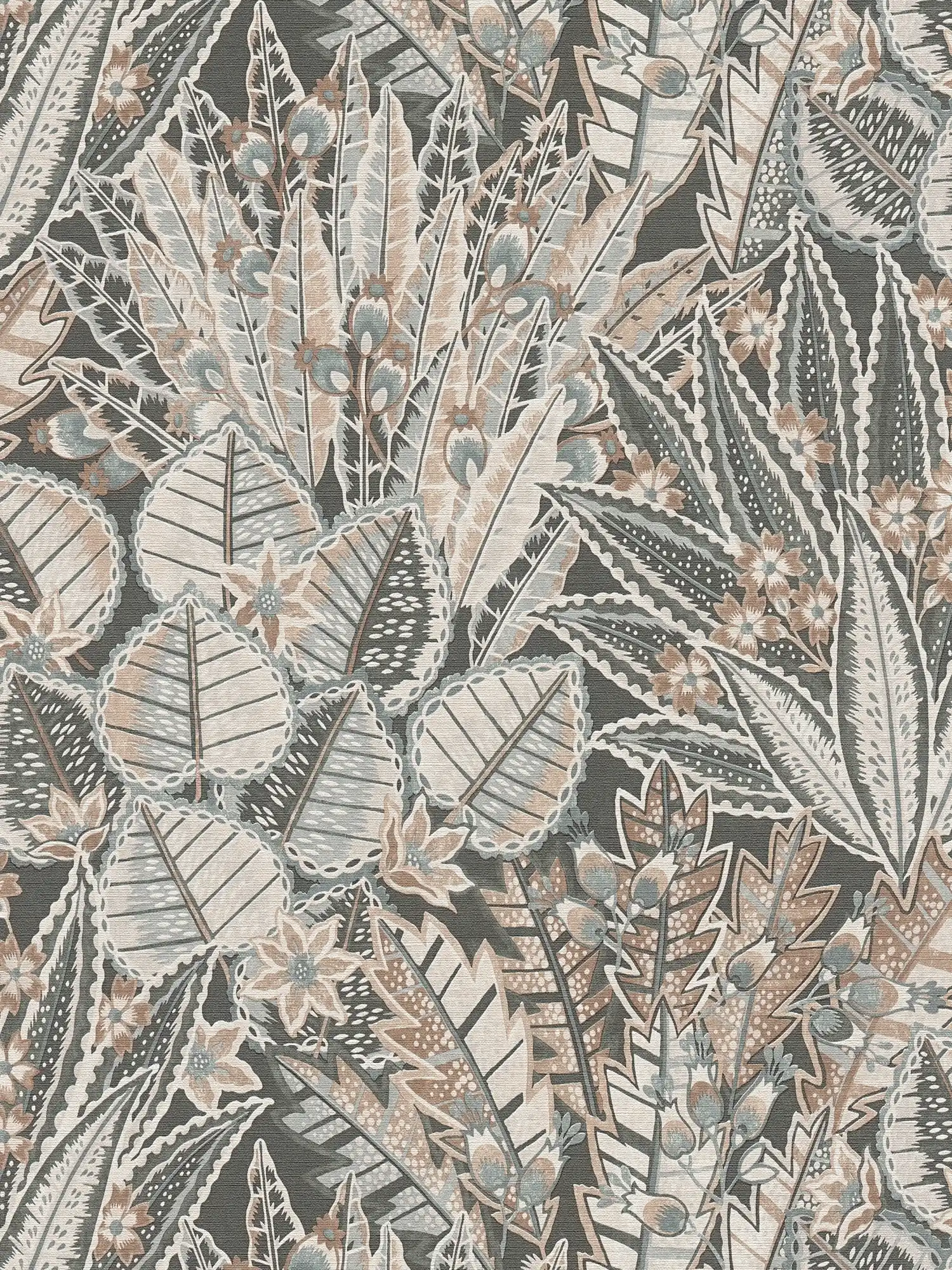 Papel pintado no tejido con motivo de hojas de aspecto abstracto - negro, marrón, gris
