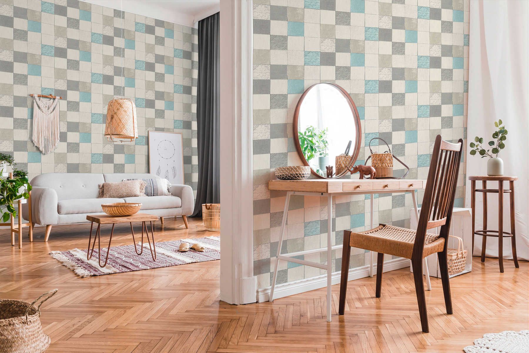             Tile wallpaper decorative tiles mosaic - grey, blue, cream
        