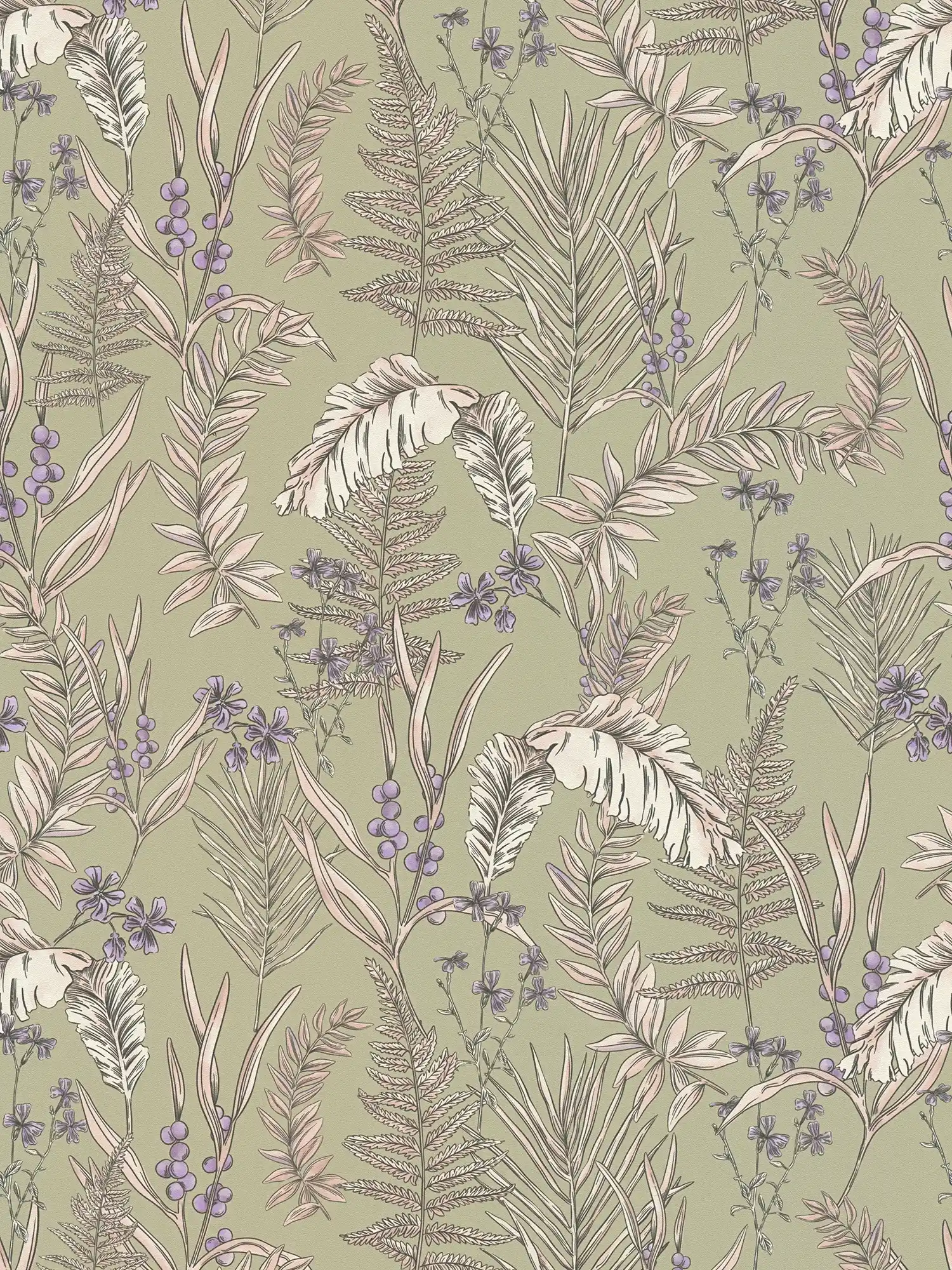 Modern floral style wallpaper with leaves & flowers textured - grey, cream, purple
