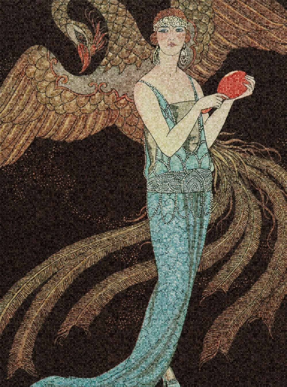             Scala 1 - Carta da parati Art Deco a mosaico con fenice e donna
        