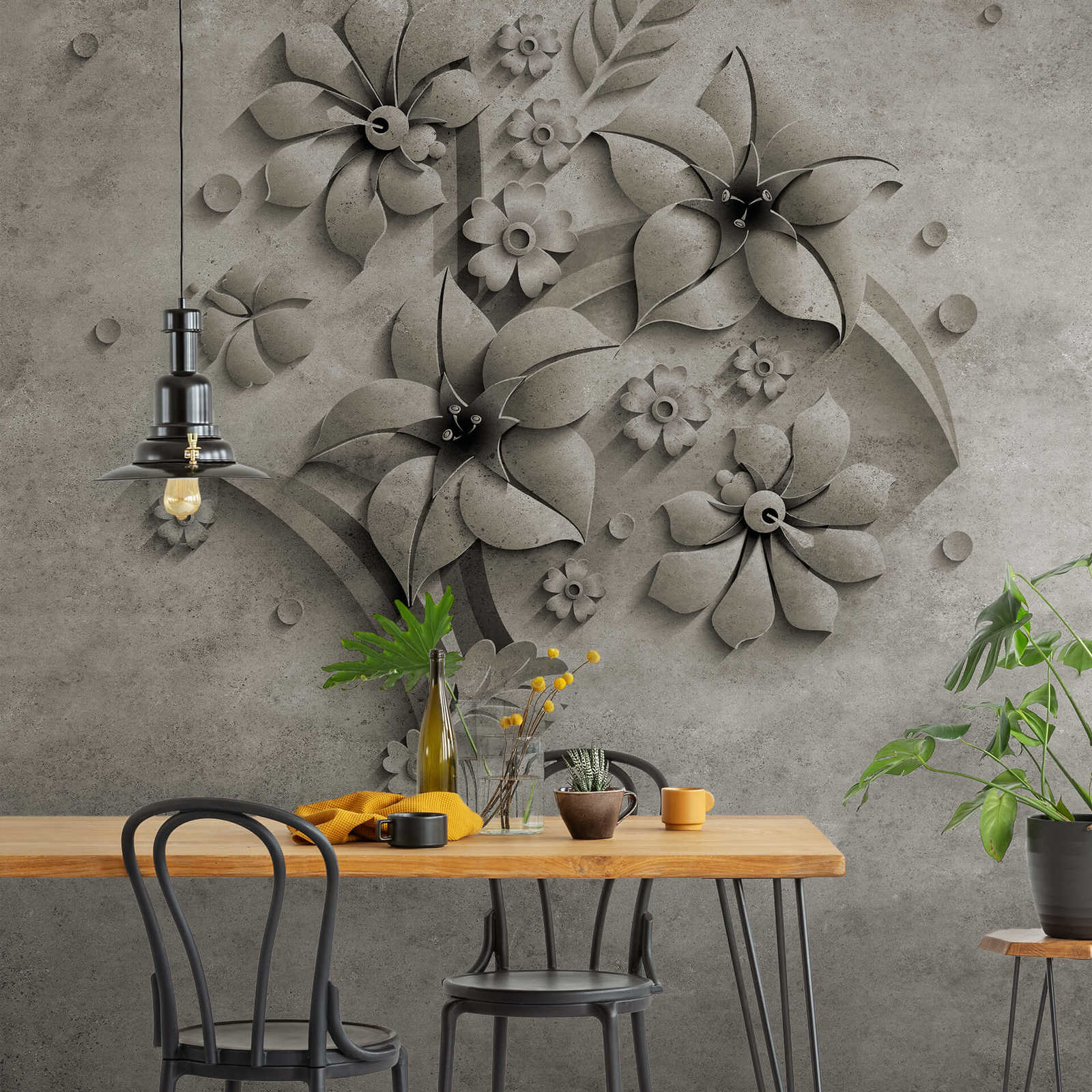             Papel pintado de flores sobre piedra con diseño de aspecto de hormigón
        