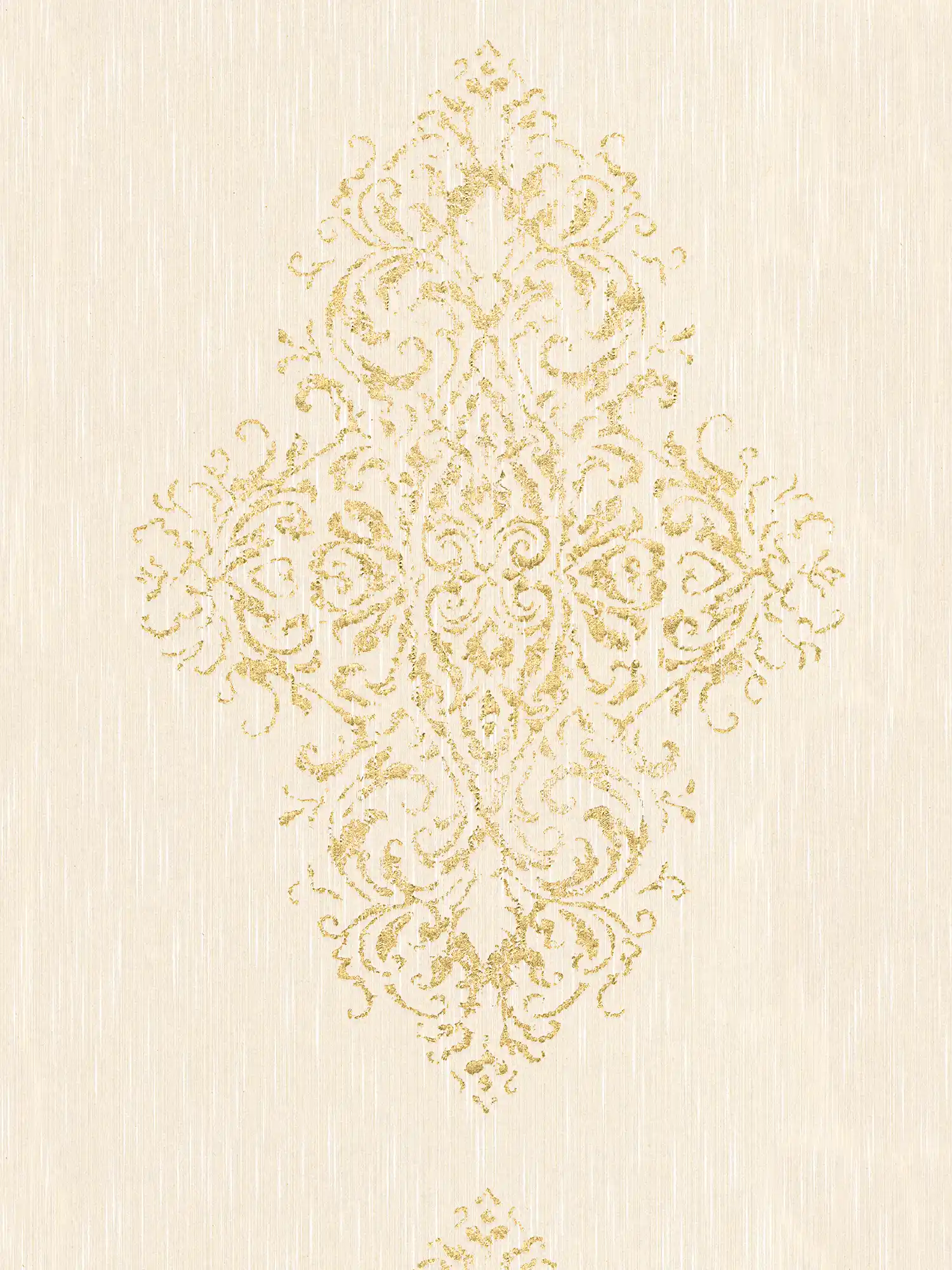 Papel pintado ornamental con efecto metálico en aspecto usado - crema, oro
