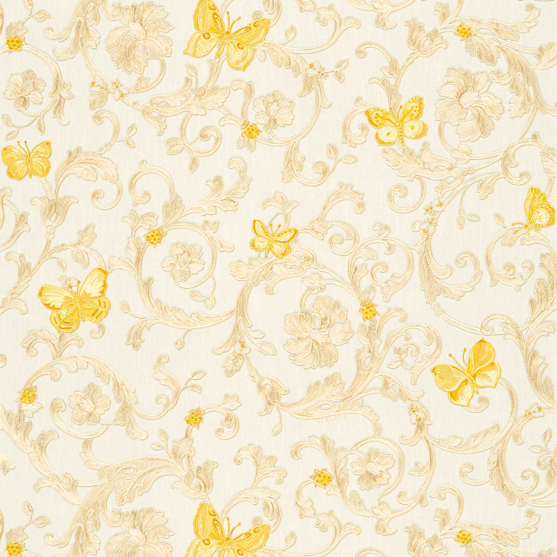 Vliesbehang VERSACE met goudpatroon & vlinders - crème, goud
