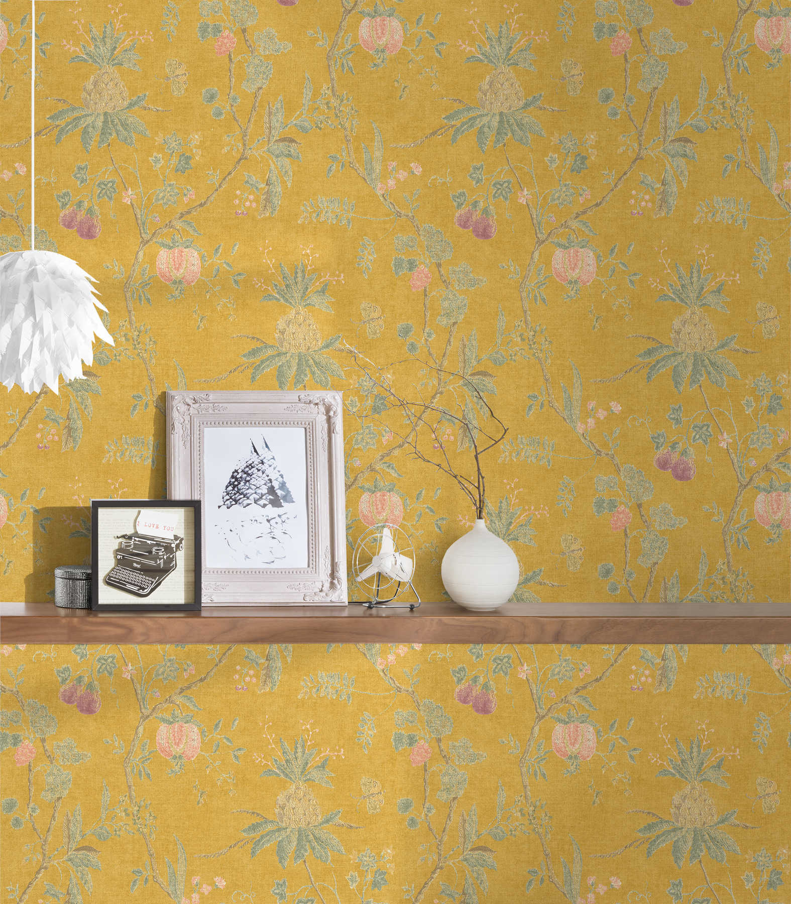             Papel pintado vintage con motivos florales y aspecto de lino - amarillo
        