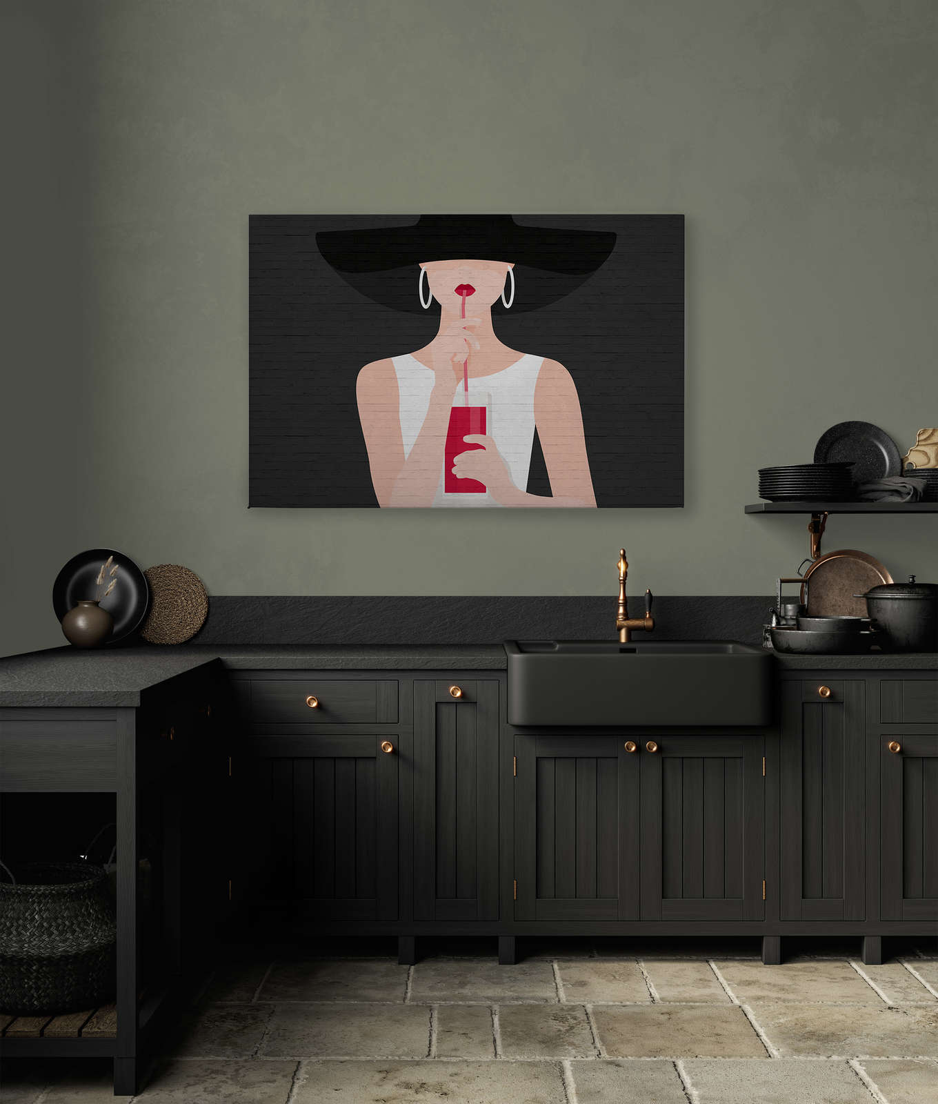             Zwart Canvas schilderij Vrouw met Cocktail & Metselwerk - 1.20 m x 0.80 m
        