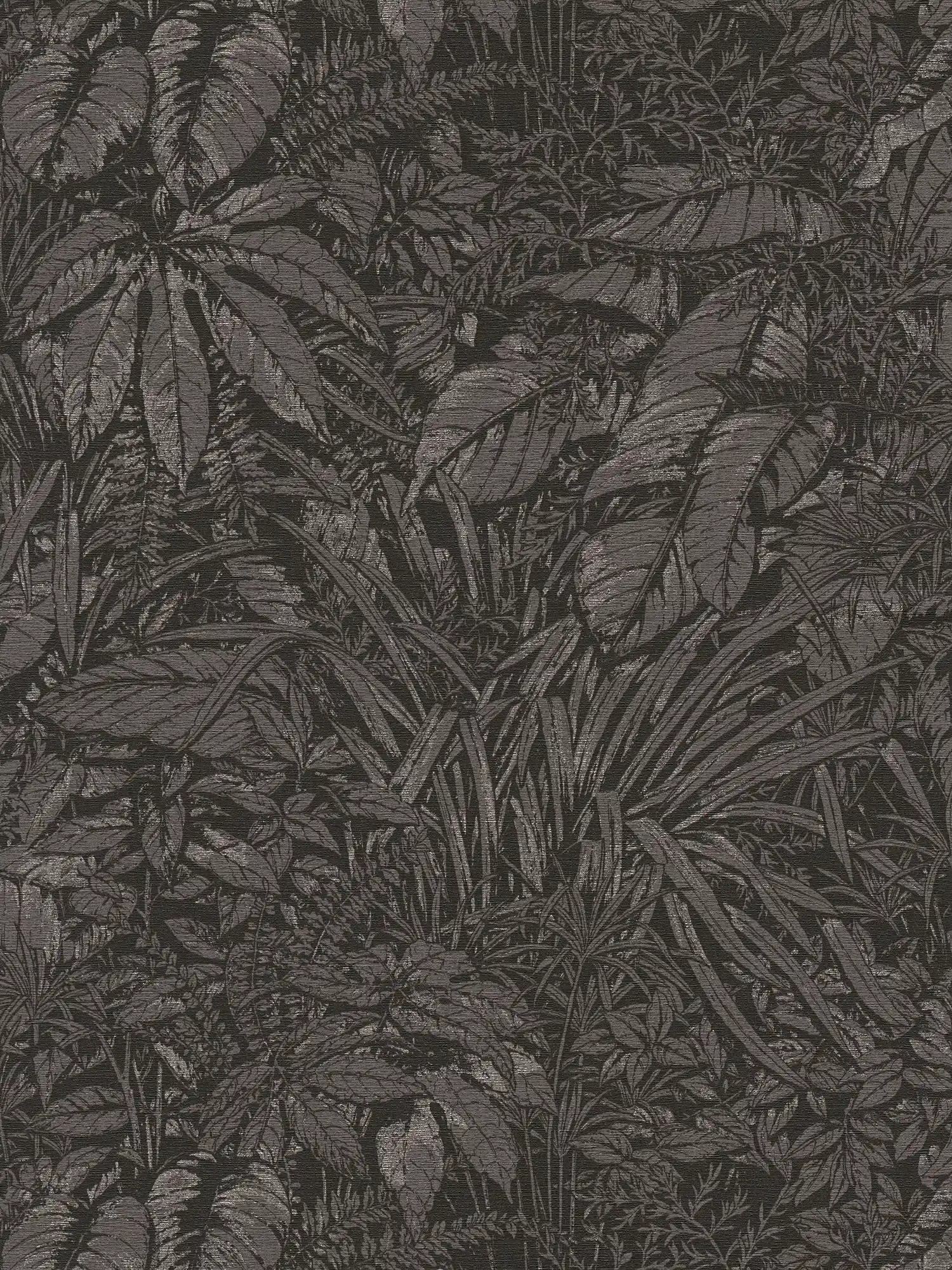 Gebloemd vliesbehang met junglepatroon - zwart, grijs, zilver
