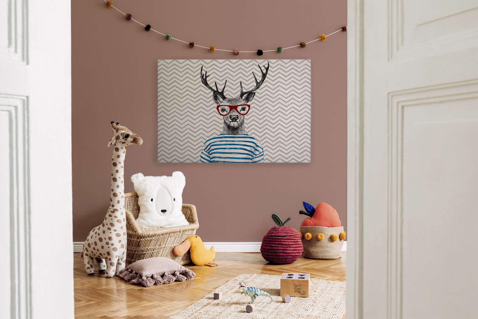             Tela da camera per bambini che dipinge un disegno comico, cervo con occhiali - 1,20 m x 0,80 m
        