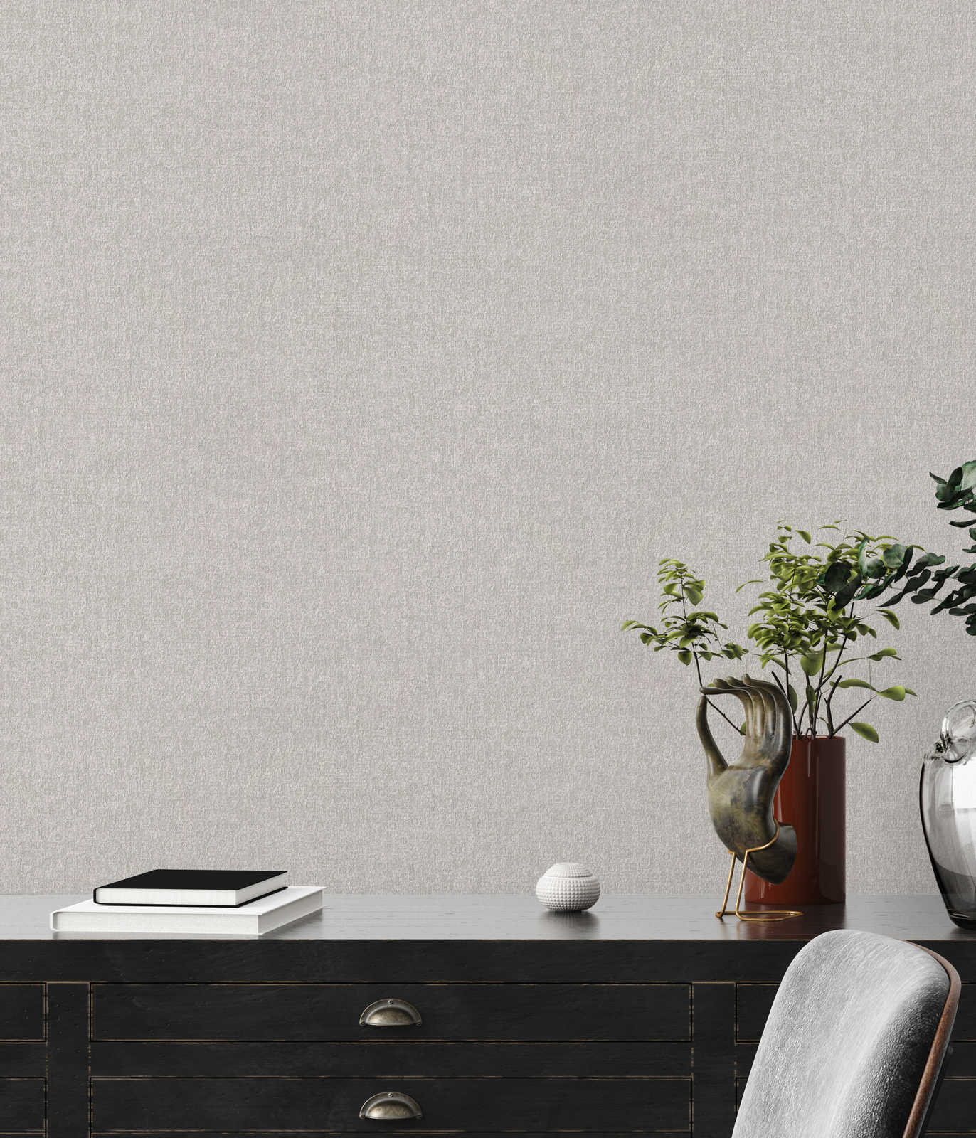             Beige non-woven wallpaper with textured pattern & metallic sheen
        