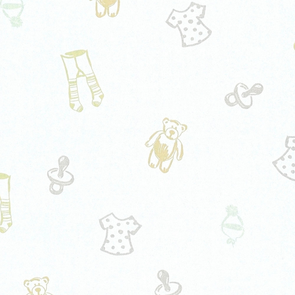             Wallpaper baby room with cute pattern - metallic, white
        
