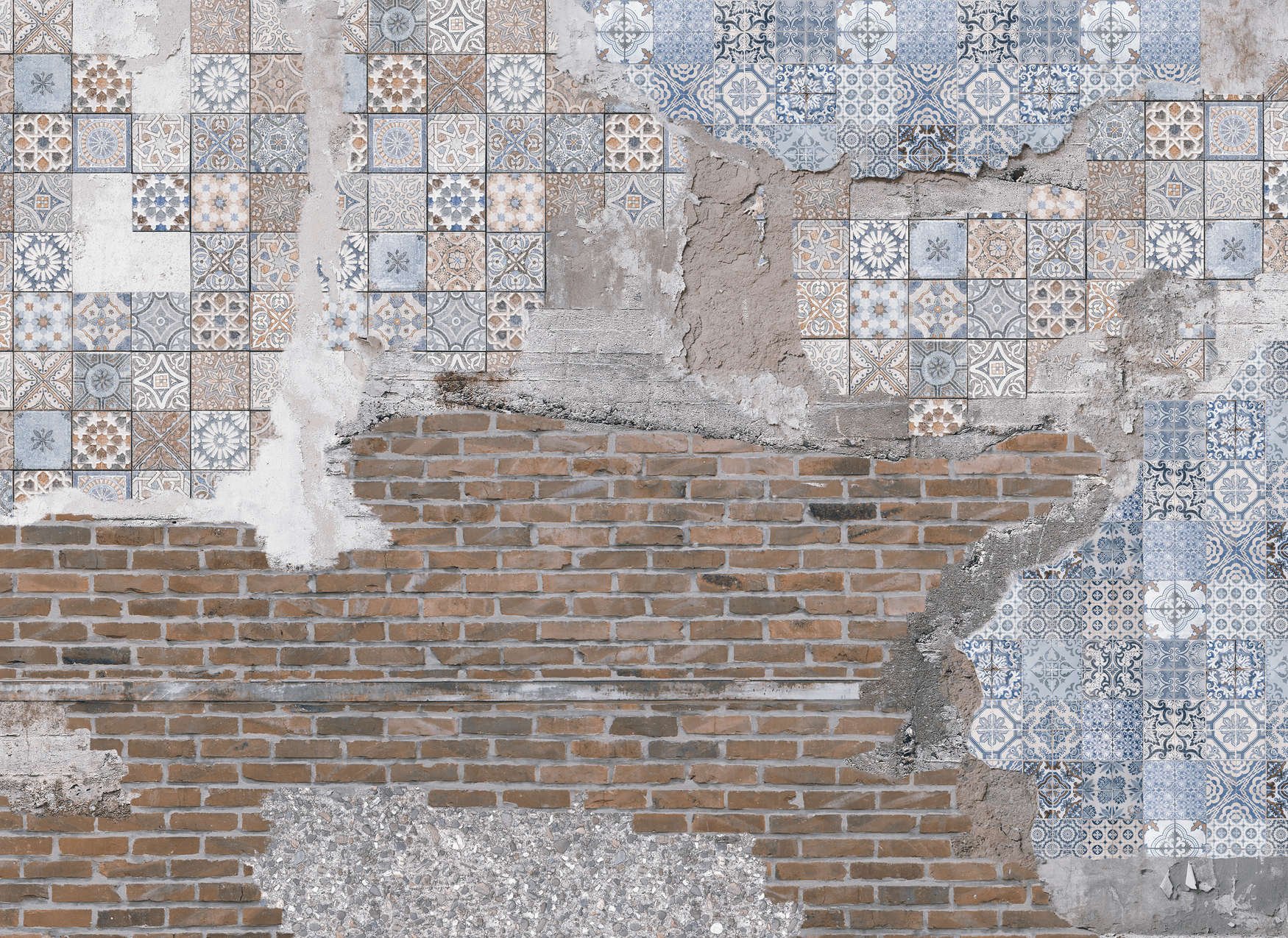             Bakstenen muur met gepleisterde mozaïeksteentjes Onderlaag behang - Bruin, Blauw, Grijs
        