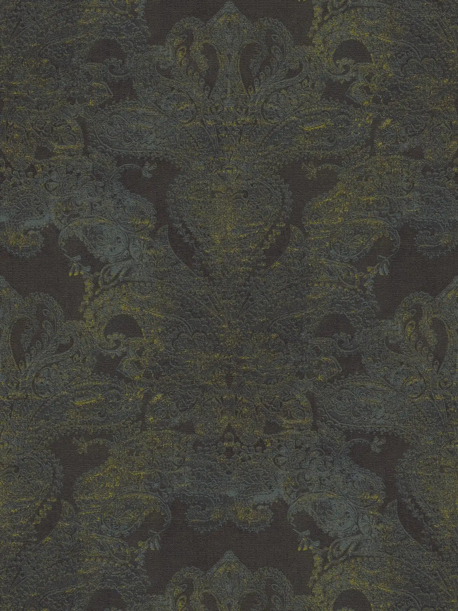Baroque style non-woven wallpaper with ornaments - black, blue, yellow
