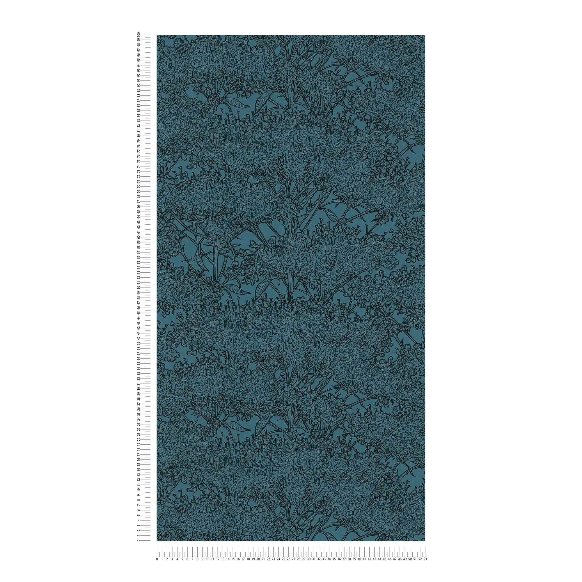             Carta da parati floreale color petrolio con contorni neri - Blu, Nero
        
