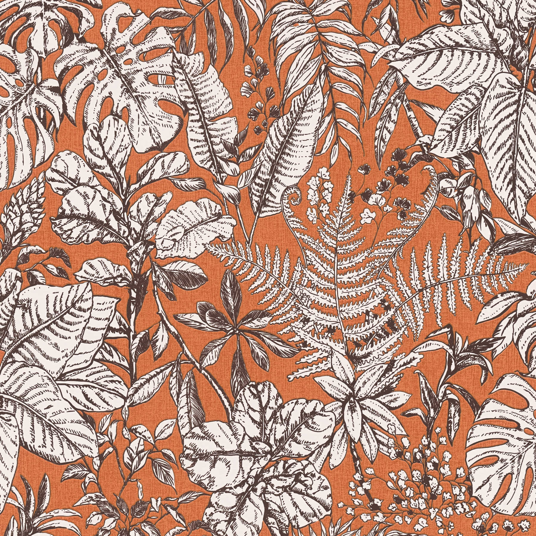         Patroonbehang jungle bladeren, monstera & varens - oranje, wit, bruin
    