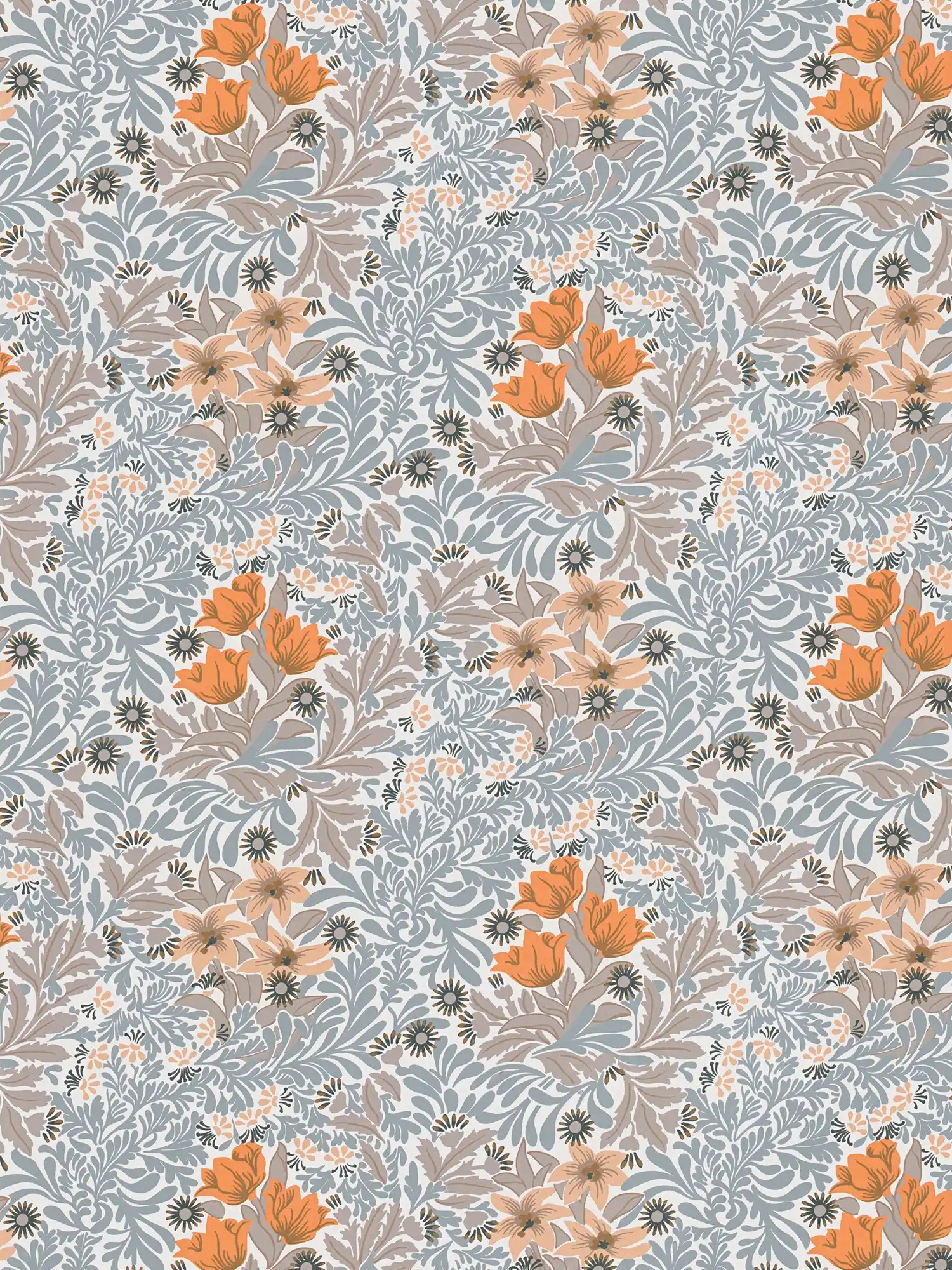 Wallpaper with flowers and leaf tendrils - blue, orange, beige
